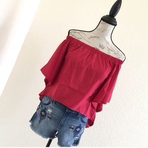 Red Off Shoulder Split Back Butterfly Sleeves Top